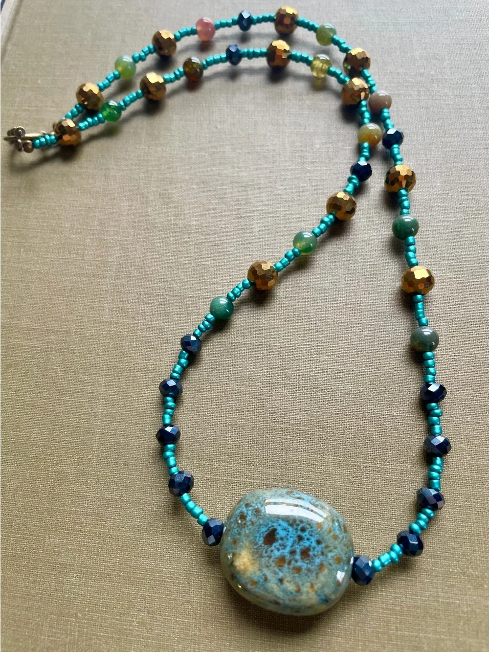 Turquoise and Gold Beaded Pendant Necklace - Women Jewelry